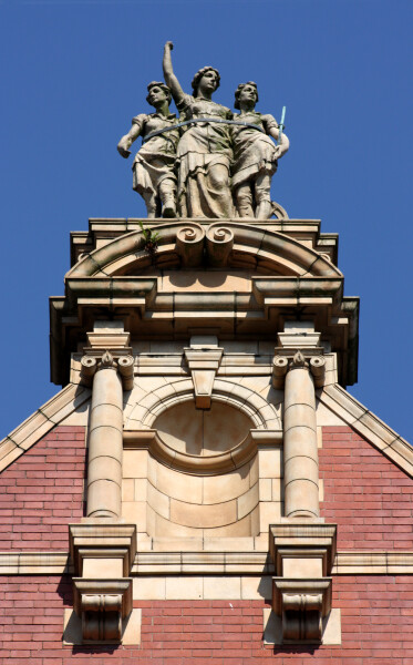 Statue mounted on top of the gable