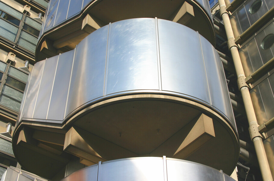 Stainless steel-clad fire escape on the south side