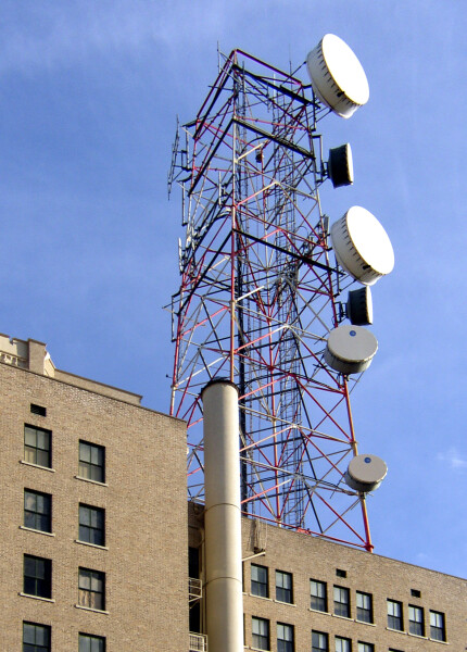 Looking southwest towards the antenna on the roof from Pearl Street