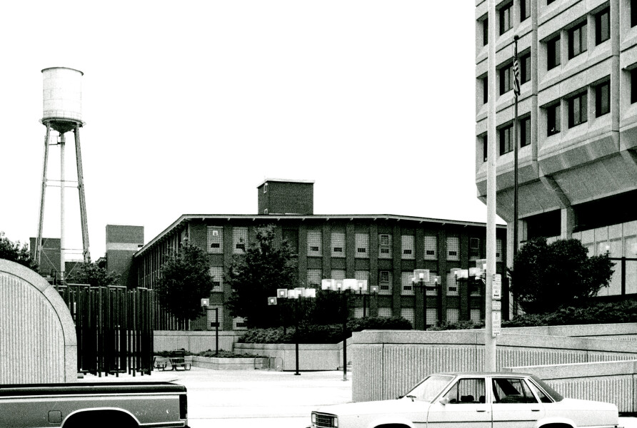 Vintage view from the west across the Federal Building plaza toward the Detention Center site before redevelopment