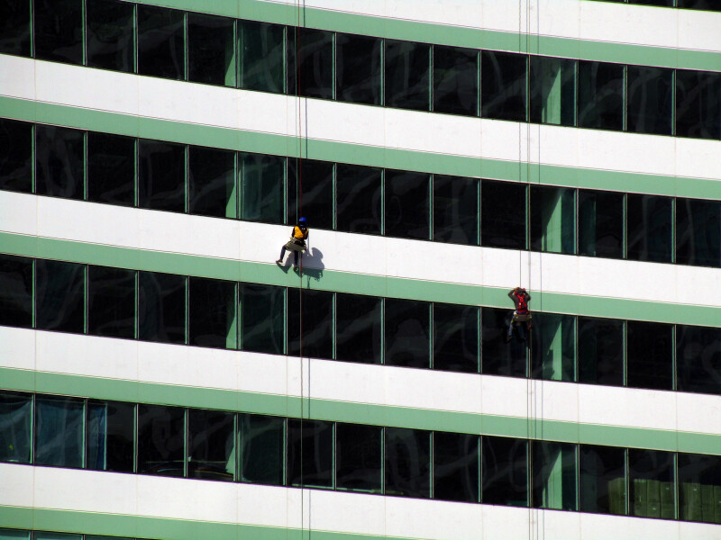 Window washers on the east facade