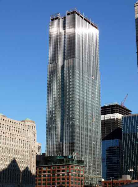 View to the northeast from the Chicago River with 353 North Clark under construction to the east