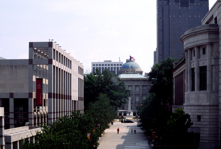 View from the north along Fayetteville Street toward the Capitol with the Natural Sciences Museum to the right